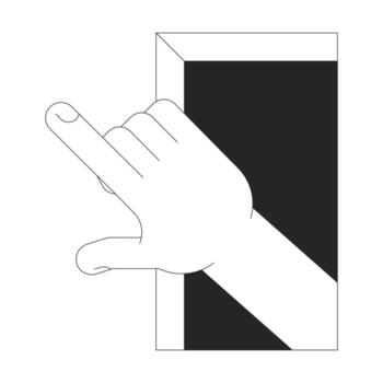 Hand gesture reaching through frame outline illustration. Surreal interaction. Pointing finger extending from rectangular interface isolated 2D image black and white. Linear drawing clip art vector