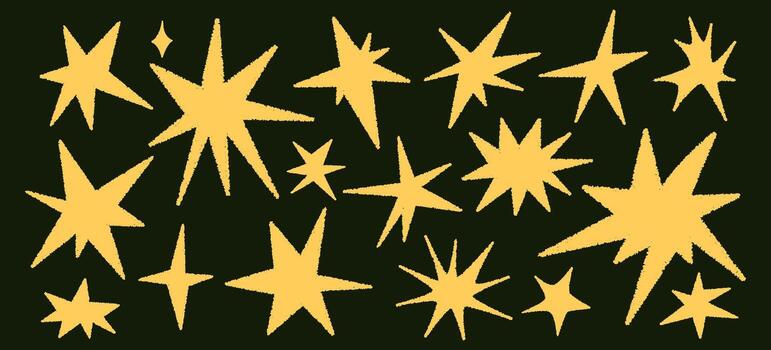 Star shapes set. Abstract random pencil and crayon drawing. Spiky geometric elements. Hand drawn rough edge sparkles set on black background. vector