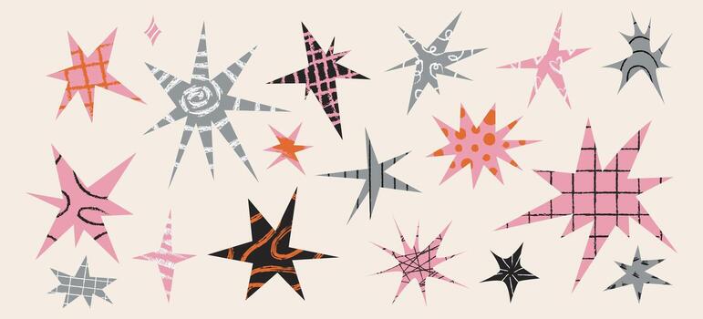 Irregular star collage cut out shapes with scribbles and crayon patterns. Paper funky stickers with rough sketch textures for playful scrapbook or zine design. asymmetry angular forms. vector