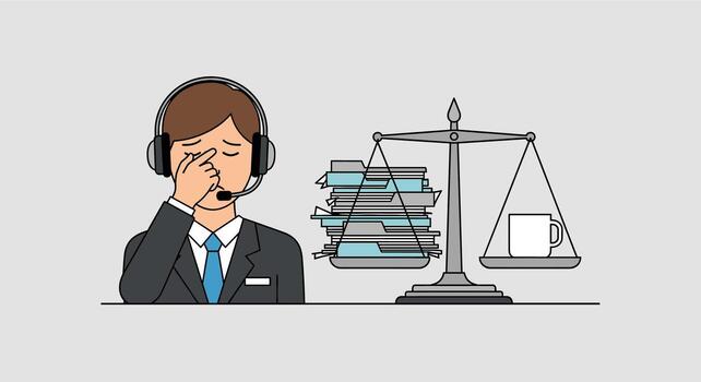 Stressed Customer Service Representative with Work Overload and Coffee. vector