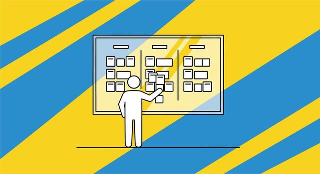 Person organizing tasks on a whiteboard with sticky notes for project management. vector