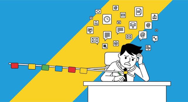 Overwhelmed businessman struggling with multiple tasks and digital distractions at his desk. vector