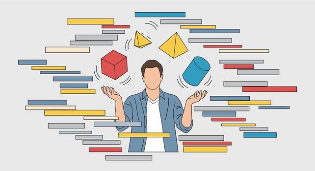 Man juggling geometric shapes representing multitasking and project management. vector