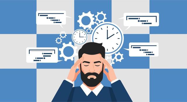 Man experiencing stress and pressure from multiple tasks and deadlines. vector