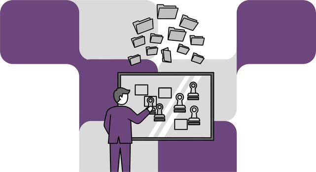 Man organizing documents on a board with folders floating above. vector