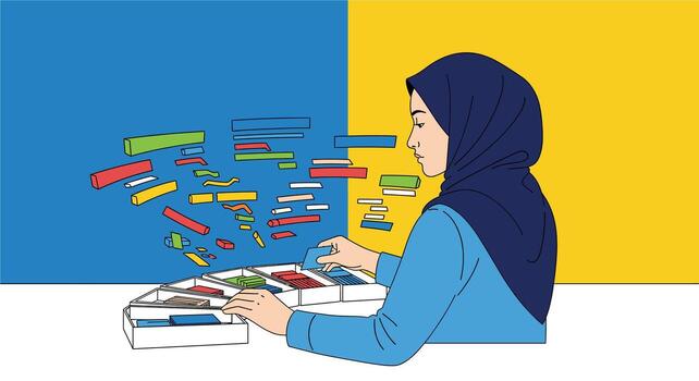 Muslim woman working on a computer with data visualization. vector