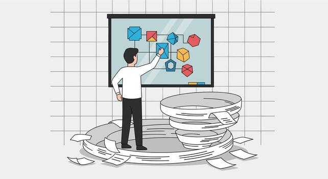 Man presenting a complex business process flow diagram. vector