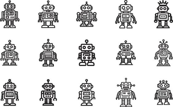 Collection of Stylized Robot Icons for Various Applications and Purposes vector