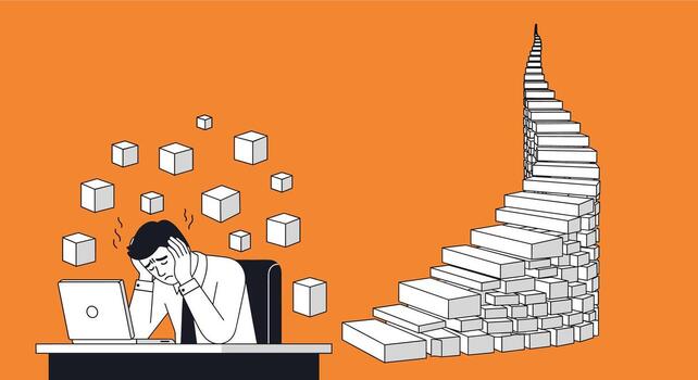 Overwhelmed businessman facing a mountain of tasks and digital clutter. vector