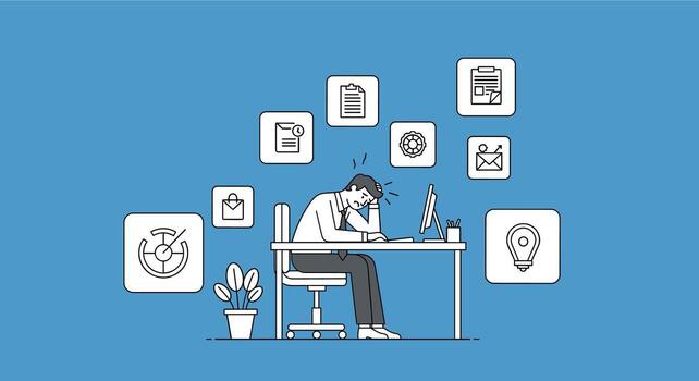 Overwhelmed Businessman at Desk with Multiple Task Icons. vector