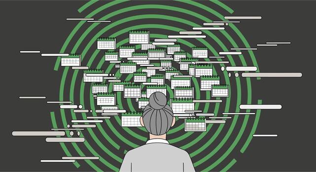 Person facing a complex digital interface with numerous data windows. vector