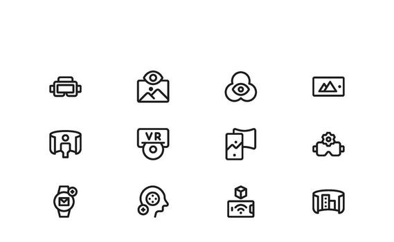 inmersivo experiencia línea íconos incluso espacial cartografía, movimiento seguimiento, y virtual simulación símbolos para tecnología marca vector