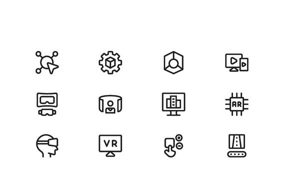Mixed Reality Line Icon Suite Presenting Sensors, Wearable Devices, and Holographic Worlds in a Clean Graphic Style vector