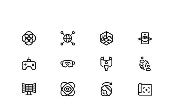 Mixed Reality Line Icon Suite Presenting Sensors, Wearable Devices, and Holographic Worlds in a Graphic Style vector