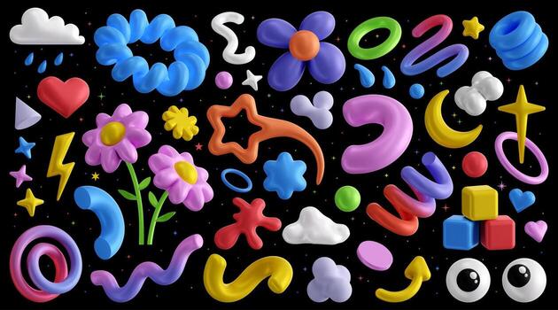 Colorful 3D shapes. Abstract gradient lines, spark and star shape, geometric heart, moon, lightning bolt and arrow. Isolated spring spiral, ring, circle plate and sphere renders vector