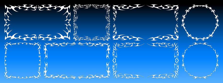 Neo tribal frame shapes set. Spiked symmetrical borders in circle, square and rectangle formats for poster, print, or digital design vector
