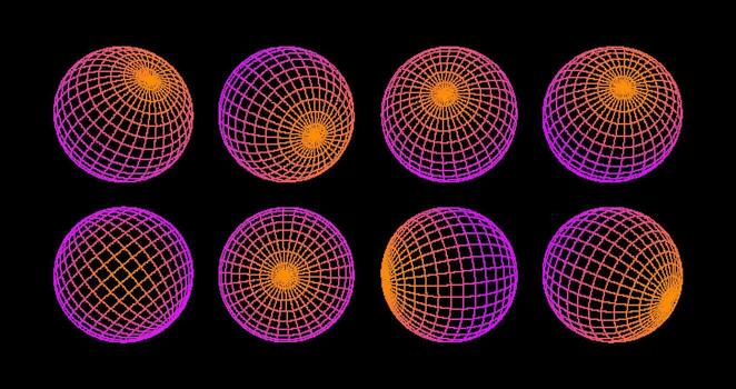 Wireframe sphere 3D. Low poly planet, bitmap dither pixel effect, linear design, set from different angles vector