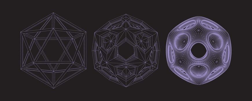 Abstract 3D wireframe element. Futuristic mesh shapes, low and high poly spheres. set vector