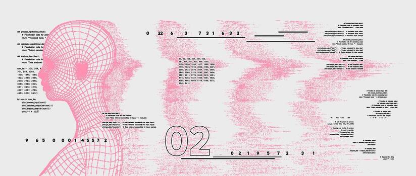 Artificial intelligence concept. Retro futuristic style, Dither wireframe woman low poly face, with grunge distorted waves profile. background vector