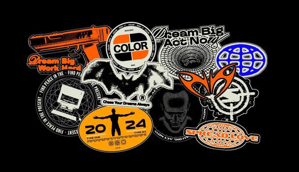 resumen tipográfico retro pegatinas Clásico brutalismo geométrico etiquetas, 90s estilo, con vacilar efectos, punteado mapa de bits. conjunto vector