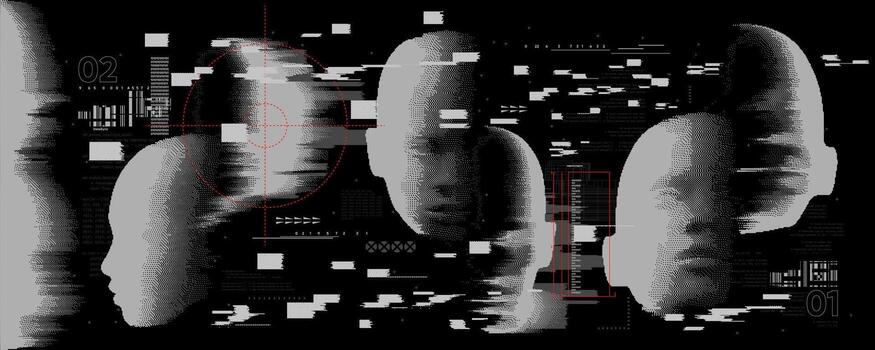 Retro futuristic wireframe low poly face. Pixel bitmap graphic with grunge distorted waves. background vector