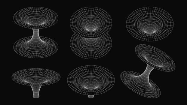 3D geometric wireframe funnel. Retro futuristic abstract black hole, element for linear design. set isolated on black background vector
