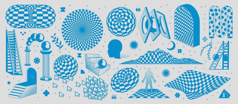 Surreal abstract 3D checker graphic. Geometric shapes, black and white squares. Mystical elements with a noise effect vector