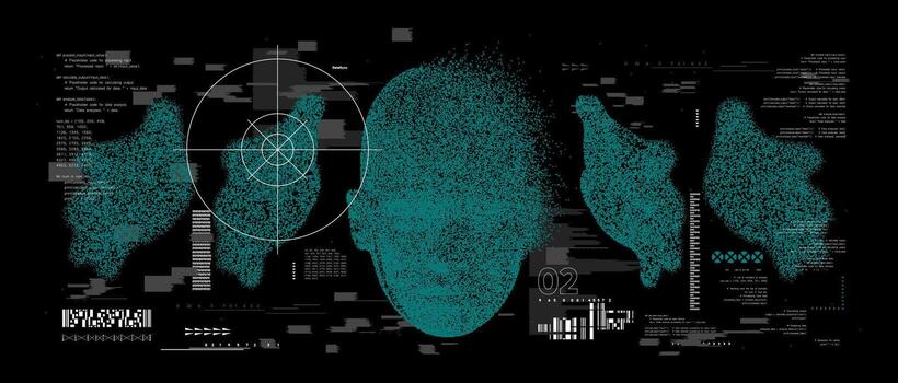 Retro futuristic blurred face with hands. Pixel bitmap graphic with grunge distorted waves. background vector