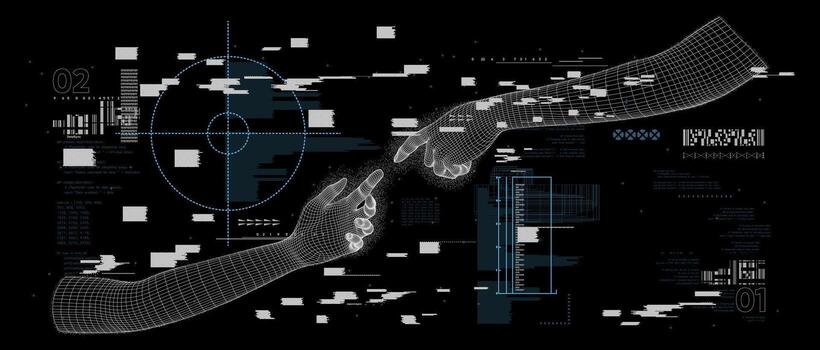 Retro futuristic blurred wireframe hands. Stipplism bitmap graphic with grunge distorted waves, Reaching out to each other. background vector