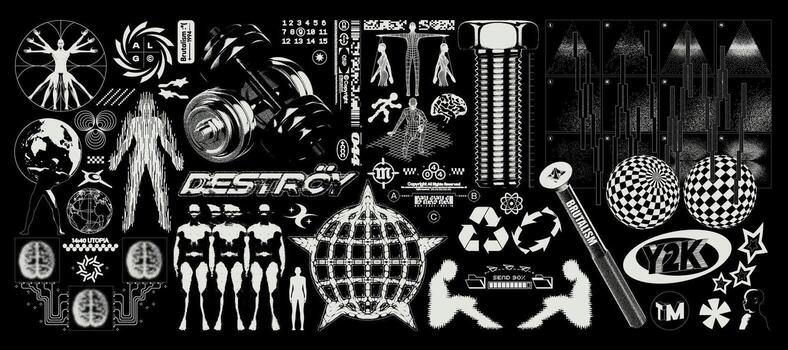 brutalismo gráfico elementos. retro-futurista 3d grunge formas para diseño, geométrico universal forma para mercancía, silueta de personas con distorsión vector