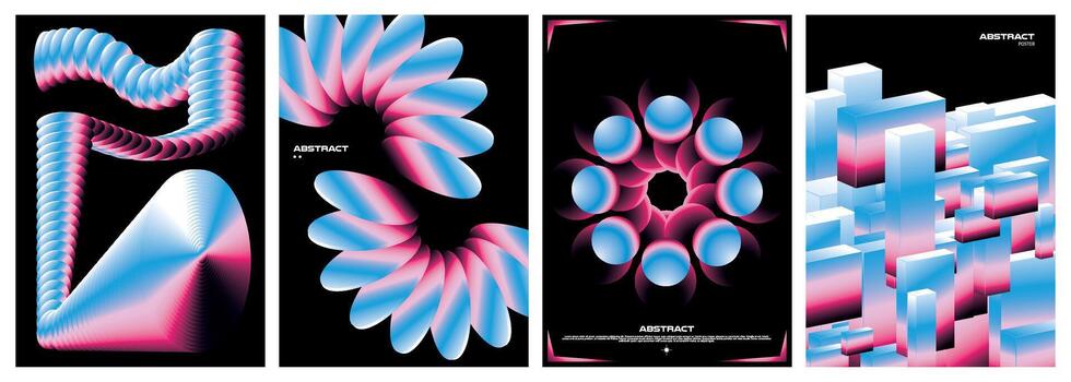 Abstract gradient poster with vibrant 3D shapes and geometric illusions. Futuristic minimal composition for digital art, visual identity and contemporary print vector