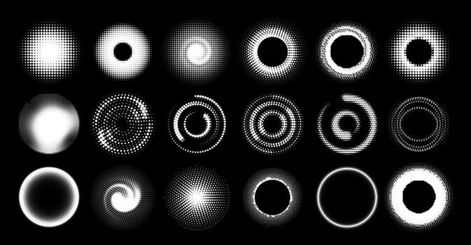 Halftone circle. Round dotted frames, abstract gradient half tone circles. set vector