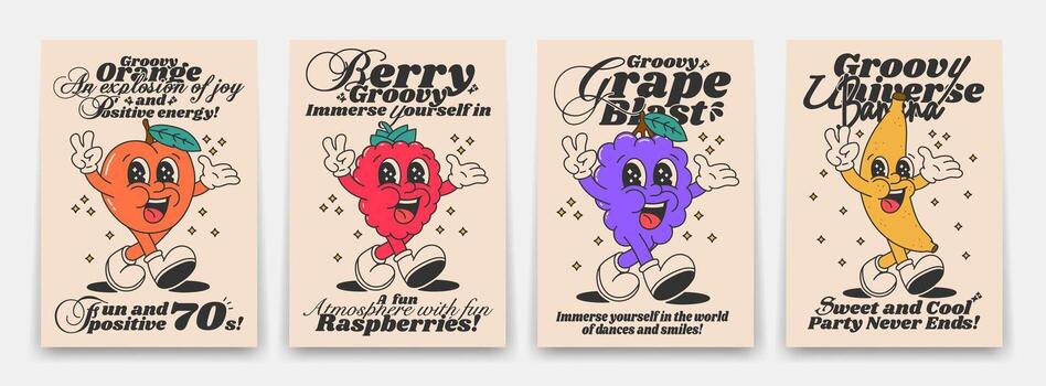 Collection of bright groovy posters 70s. Retro poster with funny cartoon walking characters in the form of fruits and poisons, orange, grape, raspberry and banana. Vintage prints, isolated vector