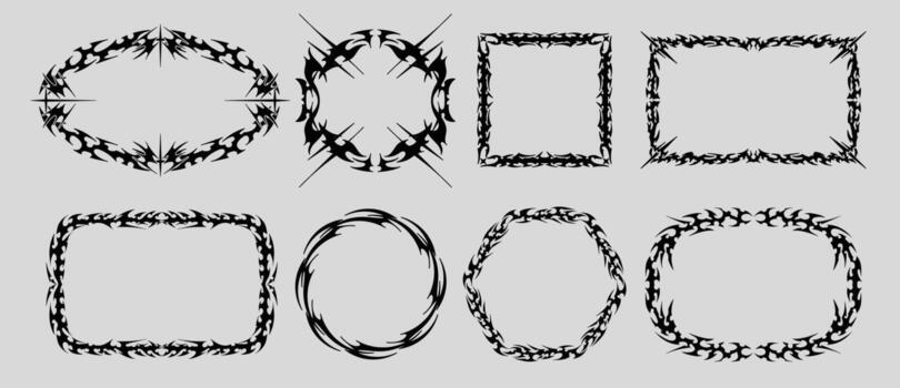 Neo Tribal frame. Cyber sigilism elements, gothic y2k sharp spikes sphere, square, rectangle. vector