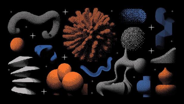 Abstract geometric elements. Universal 3D bitmap shapes with dither, halftone, stipplism effects. In a minimalistic style, graphics for posters, banners, business cards vector