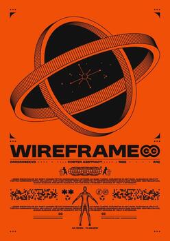 Wireframe retro poster. Black hole concept with futuristic elements, cyberpunk graphics and human data interface. Grunge sci fi print vector