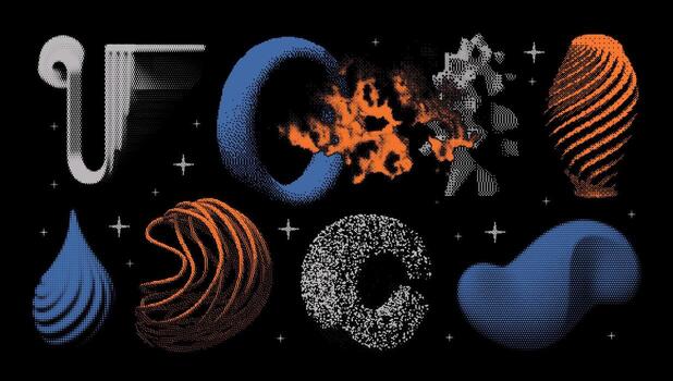 Abstract geometric elements. Universal 3D bitmap shapes with dither, halftone, stipplism effects. In a minimalistic style, graphics for posters vector