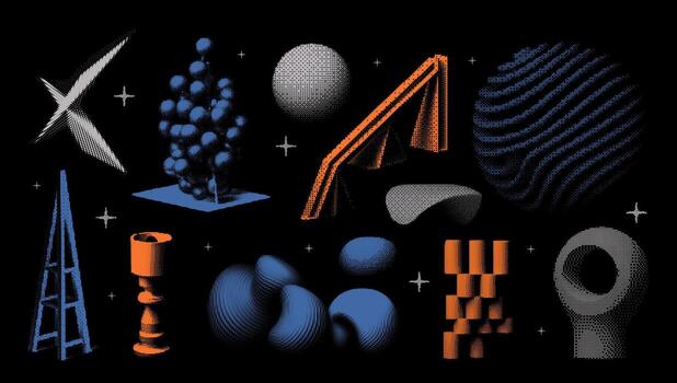 Abstract geometric elements. Universal 3D bitmap shapes with dither, halftone, stipplism effects. In a minimalistic style, graphics for posters, banners, business cards, elements set vector