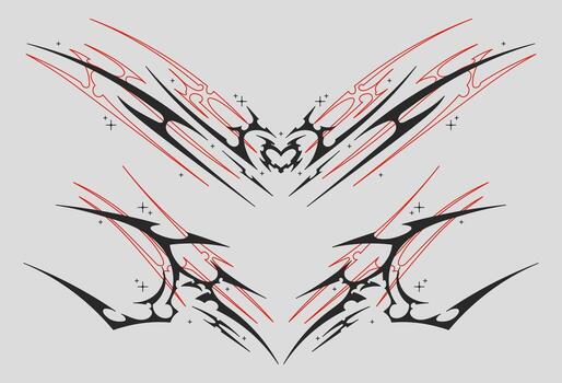 Neo Tribal symmetrical shapes. Cyber sigilism elements, gothic y2k sharp spikes with bones. shape set vector