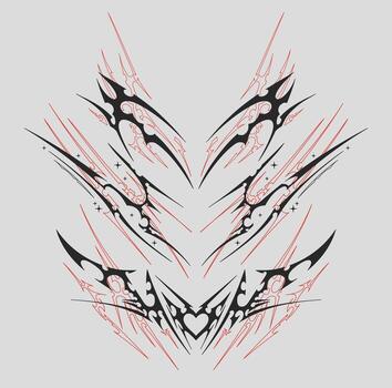 Neo Tribal symmetrical shapes. Cyber sigilism elements, gothic y2k sharp spikes with bones. vector