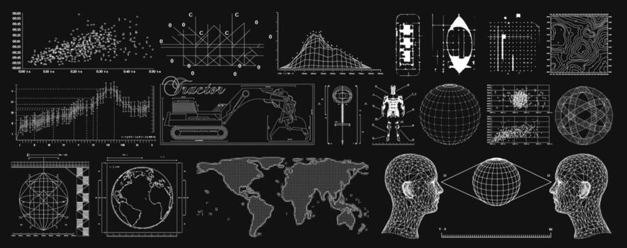 Wireframe of geometric shapes. 3D retro futuristic blueprints of spheres, waves, diagram, graphs. Collection vector