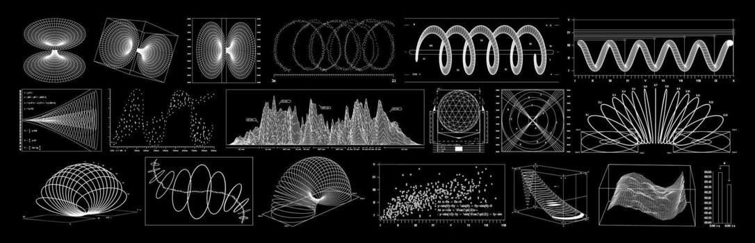 Wireframe of geometric shapes. 3D retro futuristic blueprints of spheres, waves, diagram, graphs. graphics for design vector
