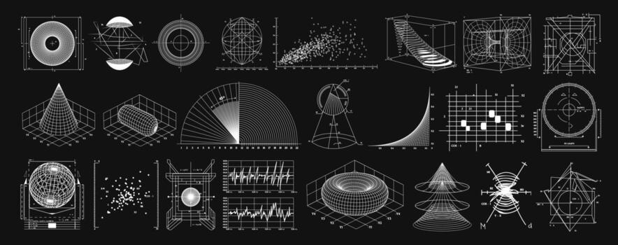 Wireframe of geometric shapes. 3D retro futuristic blueprints of spheres, waves, graphs. vector
