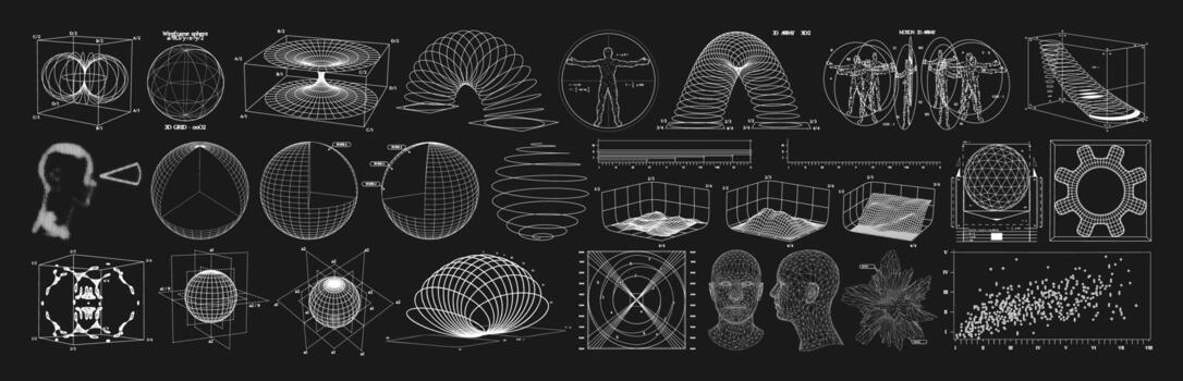 Wireframe of geometric shapes. 3D retro futuristic blueprints of spheres, landscapes, diagram, graphs. Graphics for design vector