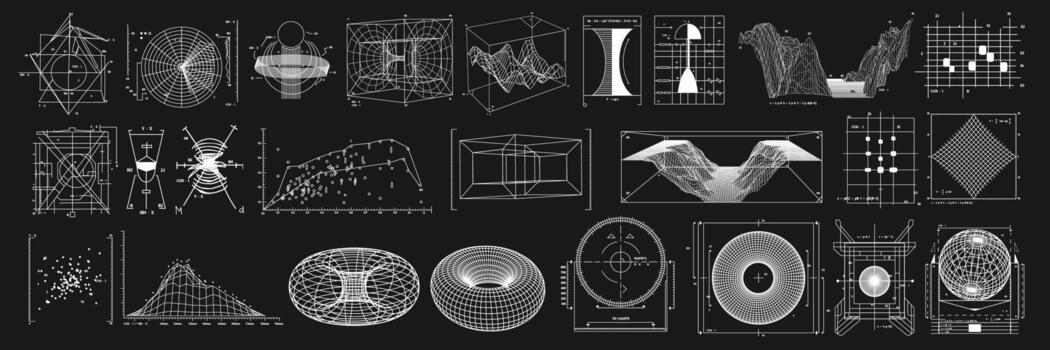 Wireframe of geometric shapes. 3D retro futuristic blueprints of spheres, waves, diagram, graphs vector