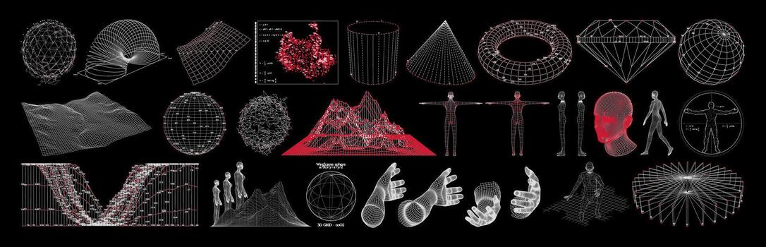 Wireframe of geometric shapes. 3D retro futuristic blueprints of spheres, landscapes, diagram, graphs. set of graphics for design vector