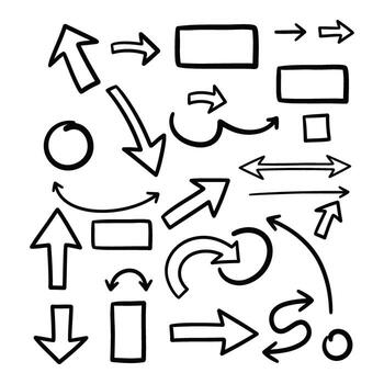 un colección de dibujado a mano flechas y formas aislado en un blanco fondo, representando dirección y elección vector
