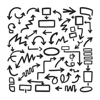 un colección de dibujado a mano flechas y diagrama de flujo elementos, aislado en blanco antecedentes vector