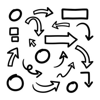 Collection of handdrawn arrow shapes and symbols isolated on a white background, representing direction and movement vector