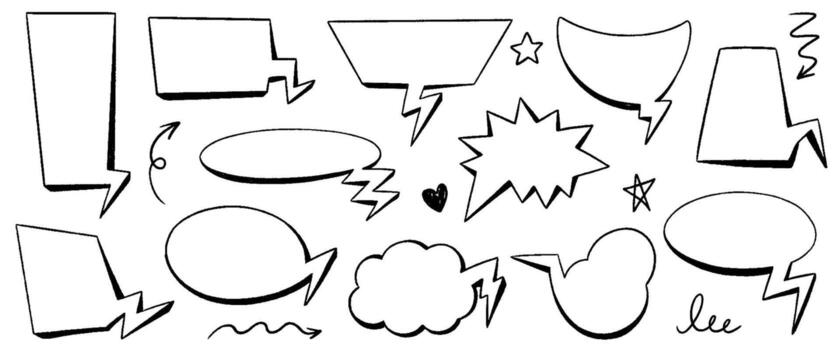 lápiz de color habla burbuja colocar. mano dibujado tiza lápiz texto marco. cómic hablar globo en bosquejo estilo, garabatear texto hablar habla nube. carbón granja diálogo comunicación globos ilustración vector